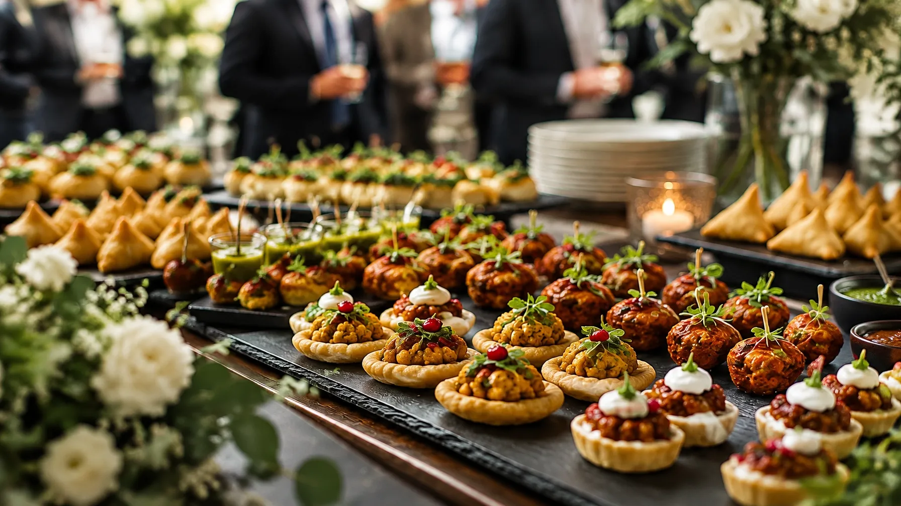 A beautifully presented Indian canapé buffet at an elegant event